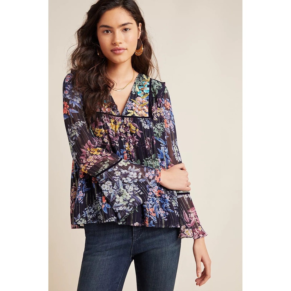 Vineet Bahl Anthropologie Floral Embroidered Metallic Bell Sleeve Top Size M